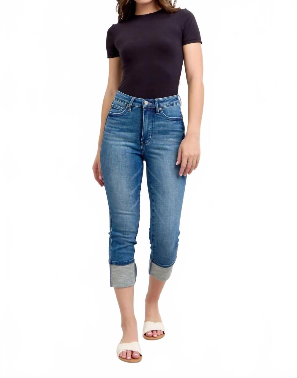 NEW JUDY BLUE women's eva tummy control cuff capri jeans in blue